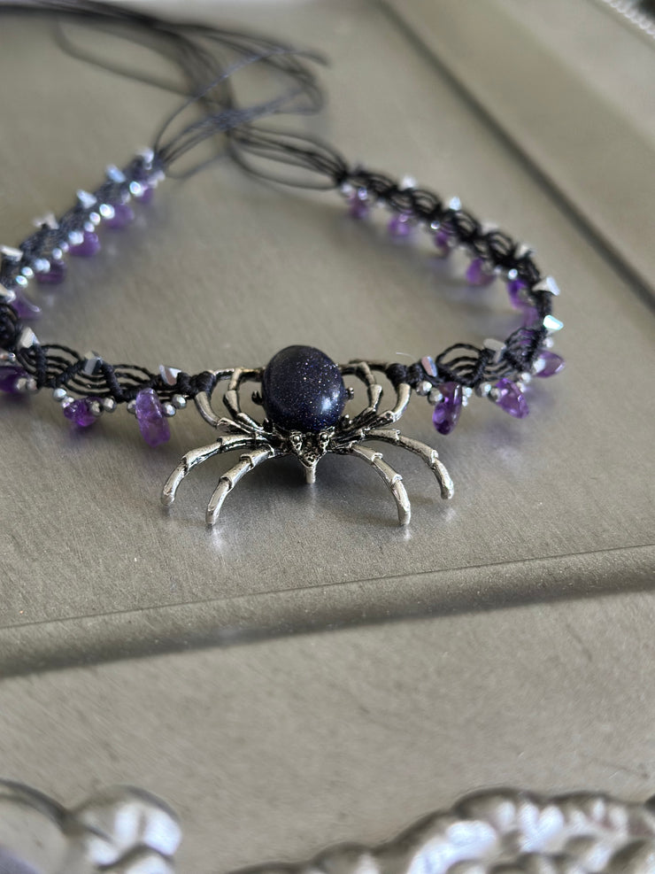 Blue Goldstone Spider and Amethyst Macrame Choker