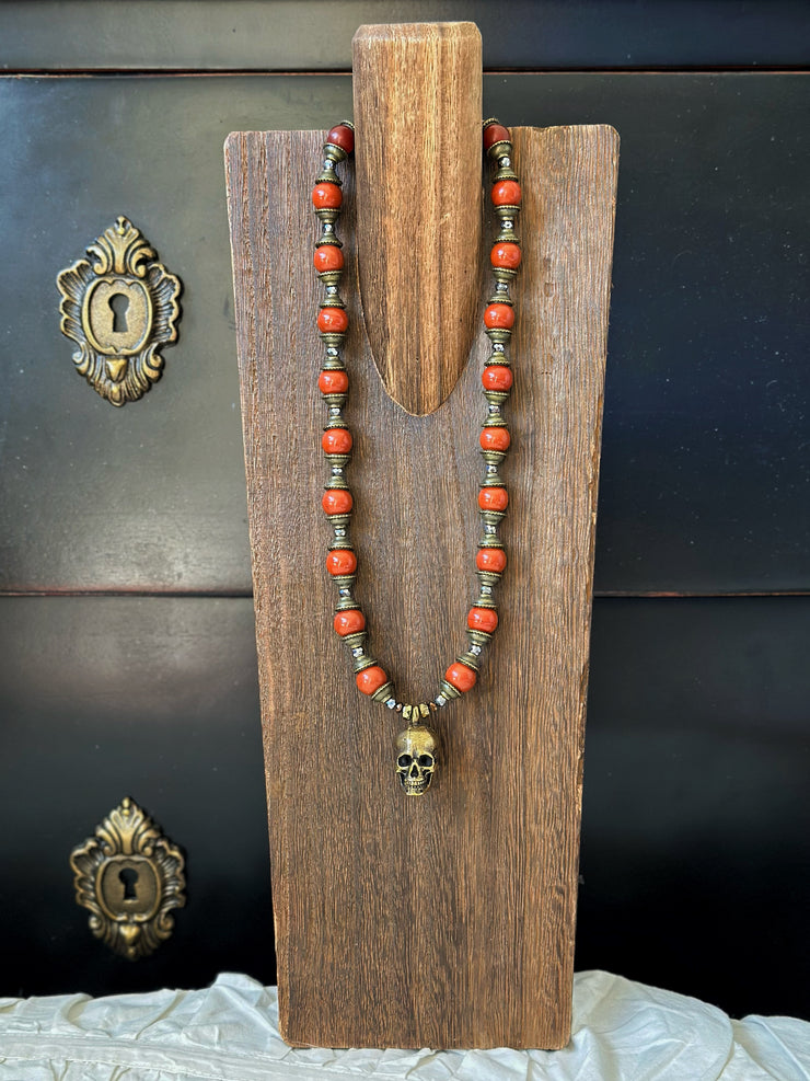 Red Jade Bronze Skull Necklace