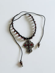 Garnet 925 Silver Cross Macrame Choker