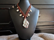 Raw Aquamarine Crystal Macrame Necklace with Cowrie Shells