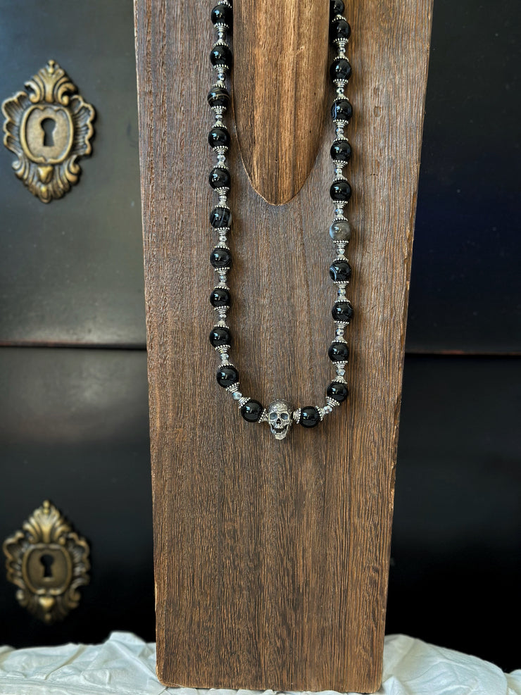 Black Onyx Silver Skull Necklace