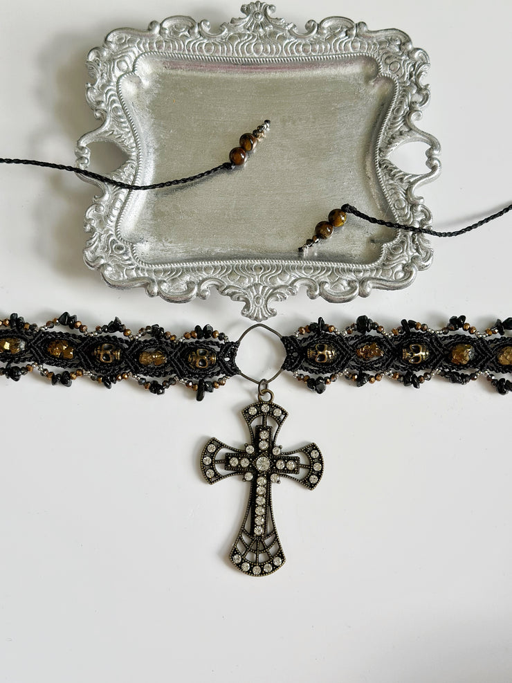 Gothic Cross and Skull Macrame Choker