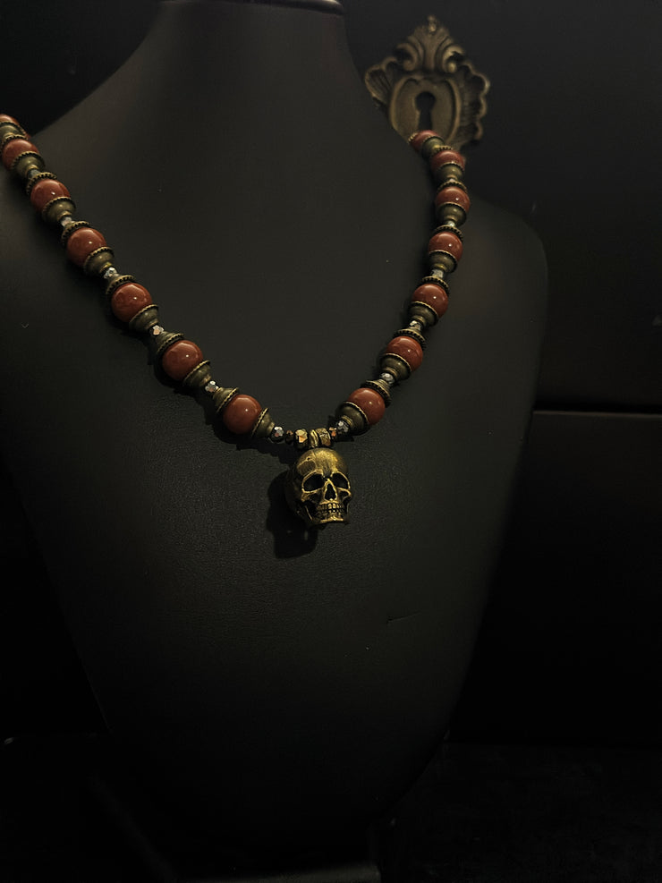 Red Jade Bronze Skull Necklace