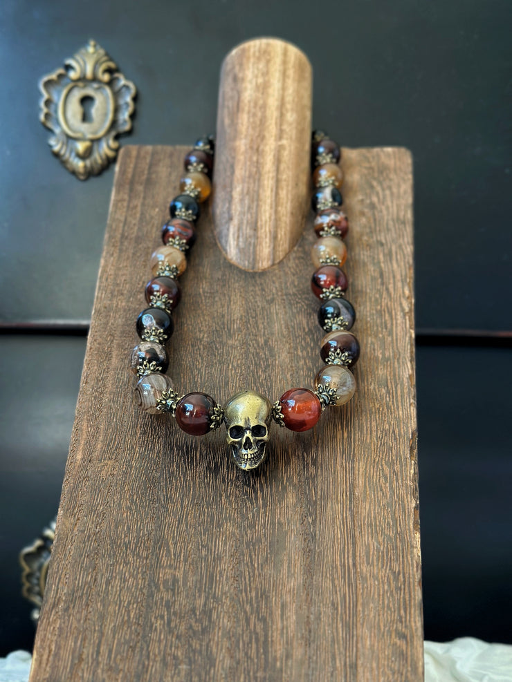 Red Agate Bronze Skull Necklace