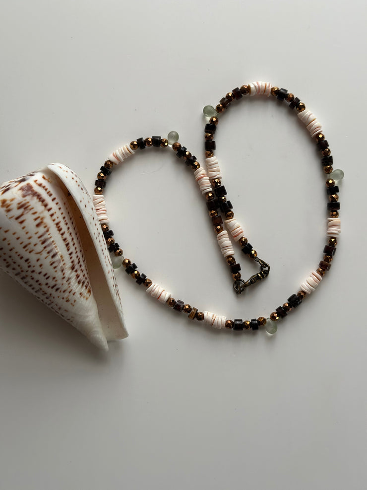 Red Lip Shell, Black Lip Shell, Hematite and Sea Glass Necklace