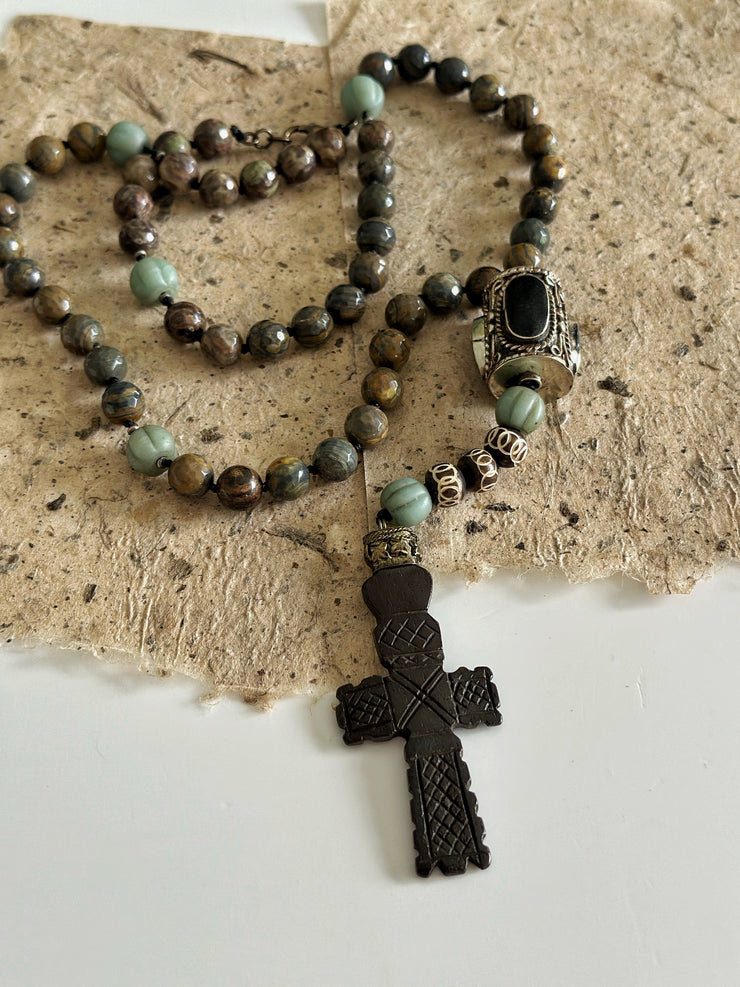 Hand Knotted Rosary With Carved Bone Cross and Bronzite