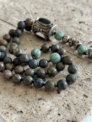Hand Knotted Rosary With Carved Bone Cross and Bronzite
