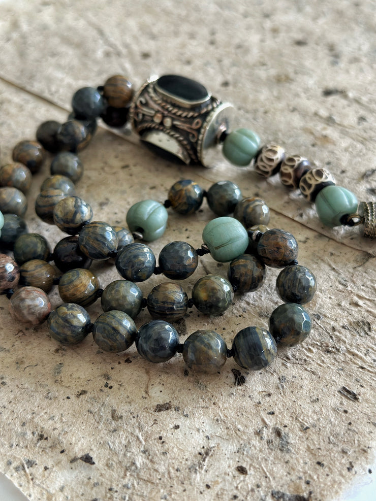 Hand Knotted Rosary With Carved Bone Cross and Bronzite