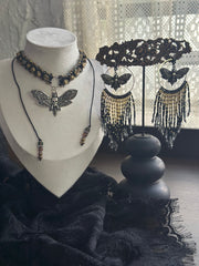 Night Moth Beaded Fringe Earrings Mixed Metal