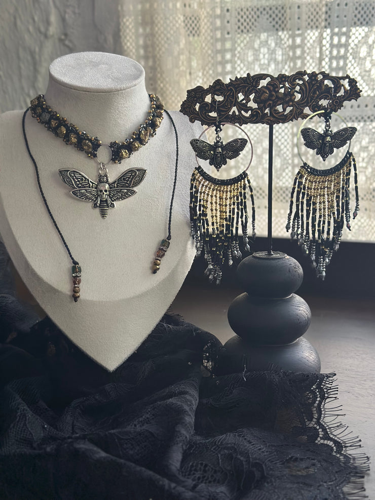 Night Moth Beaded Fringe Earrings Mixed Metal