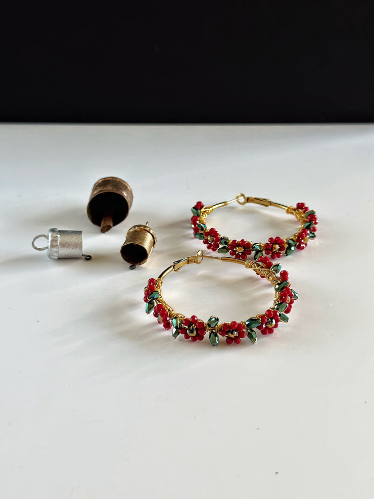 Hand Wrapped Red Flower with Metallic Green Leaves Hoops Large