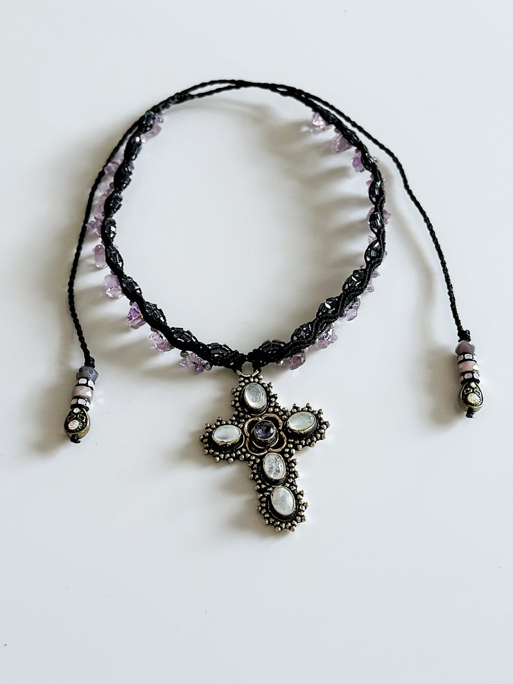 Quartz and Amethyst 925 Cross Macrame Choker