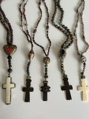 Hand Knotted Rosary with Coral, Tibetan Brass and Carved Bone Cross