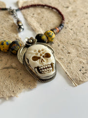 Ancient Tribal Bead and Buffalo Bone Skull Tibetan Silver Necklace