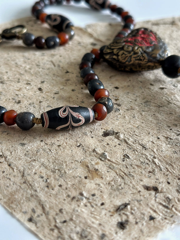Hand Knotted Rosary with Buffalo Bone Cross Tibetan Silver, Brass, and Recycled Glass