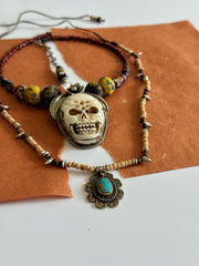 Ancient Tribal Bead and Buffalo Bone Skull Tibetan Silver Necklace