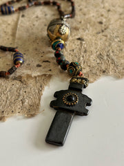 Hand Knotted Rosary with Carved Bone Inlaid Lapiz Lazuli Cross