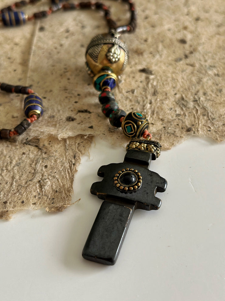 Hand Knotted Rosary with Carved Bone Inlaid Lapiz Lazuli Cross