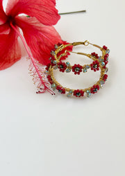 Hand Wrapped Beaded Red Flower Hoops Large