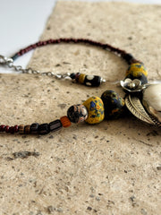 Ancient Tribal Bead and Buffalo Bone Skull Tibetan Silver Necklace