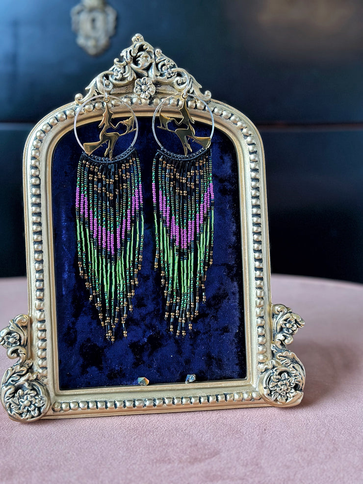 Spooky Season Purple and Green Beaded Fringe Earrings