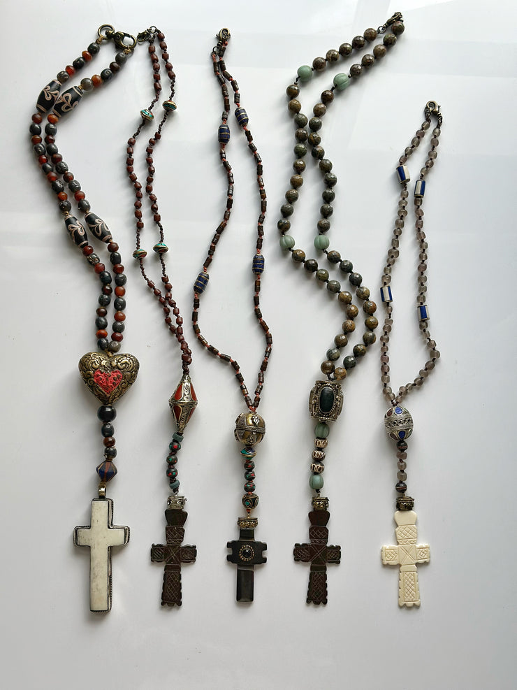Hand Knotted Rosary with Carved Bone Inlaid Lapiz Lazuli Cross