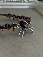 Black Onyx Spider and Garnet Chips Macrame Choker