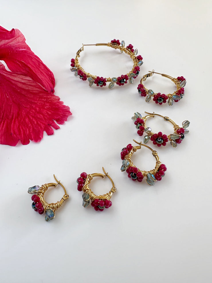 Hand Wrapped Beaded Red Flower Hoops Extra Small