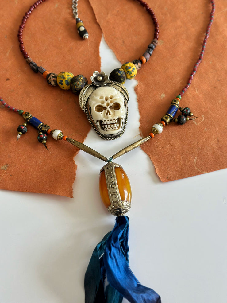 Ancient Tribal Bead and Buffalo Bone Skull Tibetan Silver Necklace