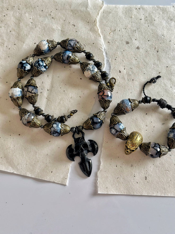 Dragon Vein Agate Skull Dagger Necklace