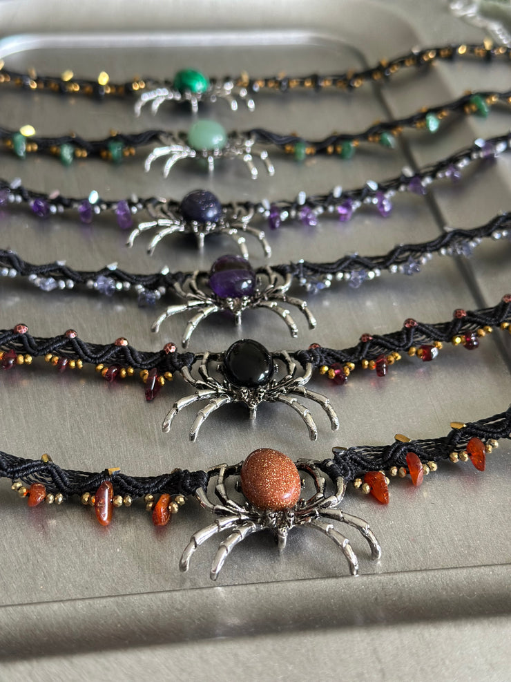 Black Onyx Spider and Garnet Chips Macrame Choker