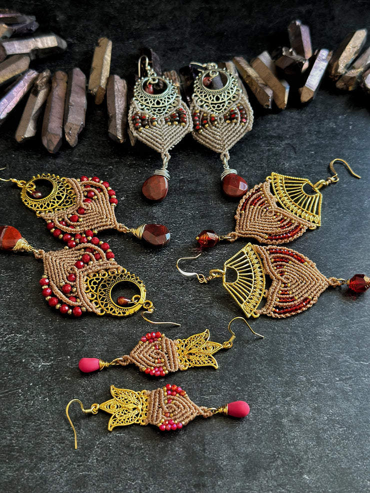 Czech Bead and Apple Jasper Macrame Earrings