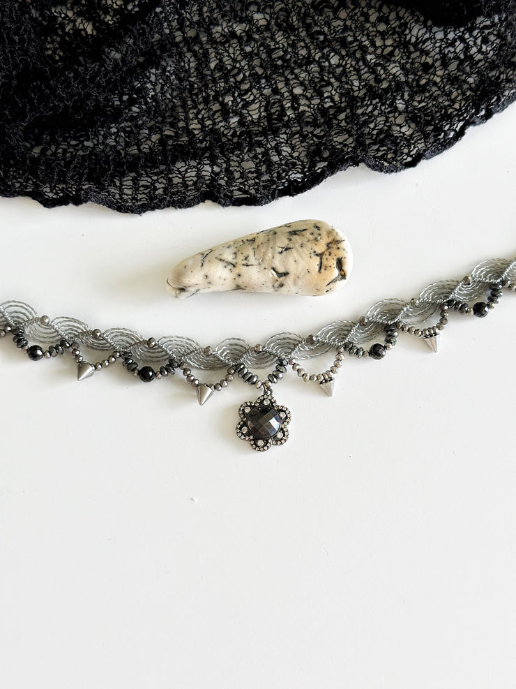 Gunmetal Micro Paved Crystal Gemstone Flower Black Spinel Macrame Choker