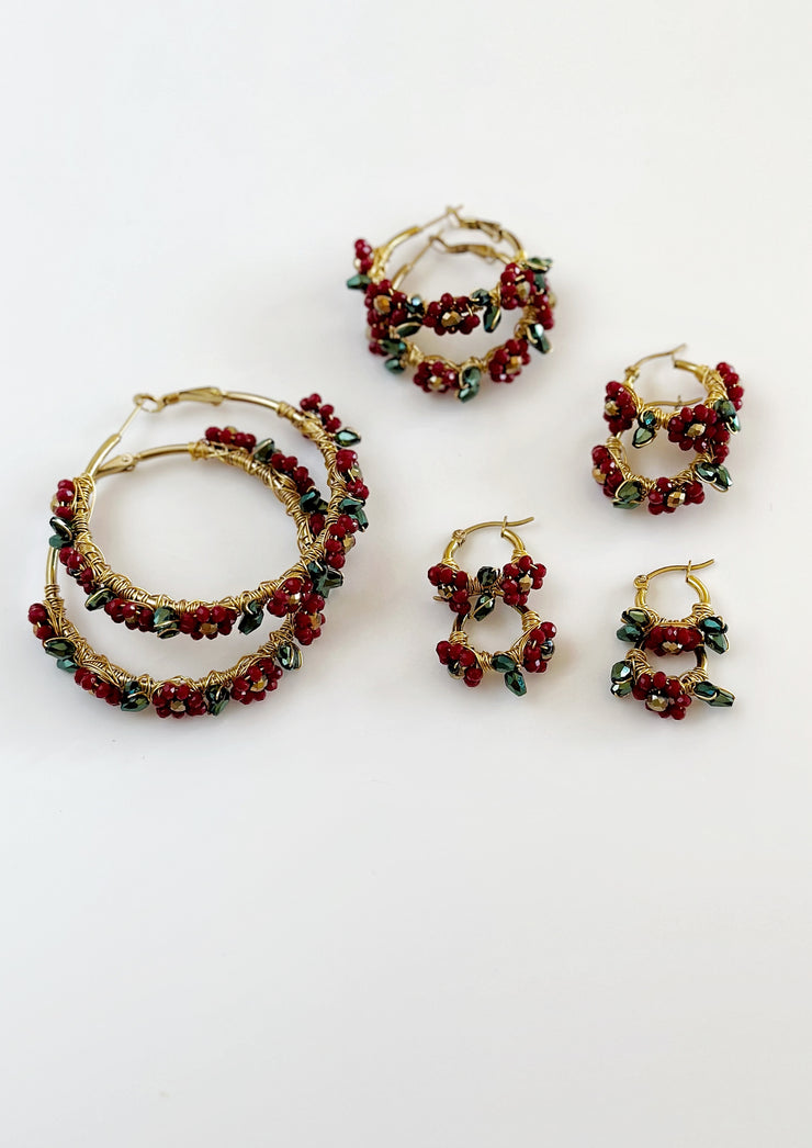 Hand Wrapped Red Flower Hoops with Metallic Green Leaves Small