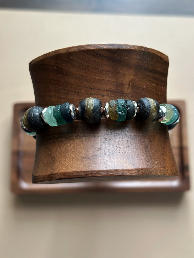 Roman Sea Glass, Recycled African Glass and 18k White Gold Filled Hematite Bracelet