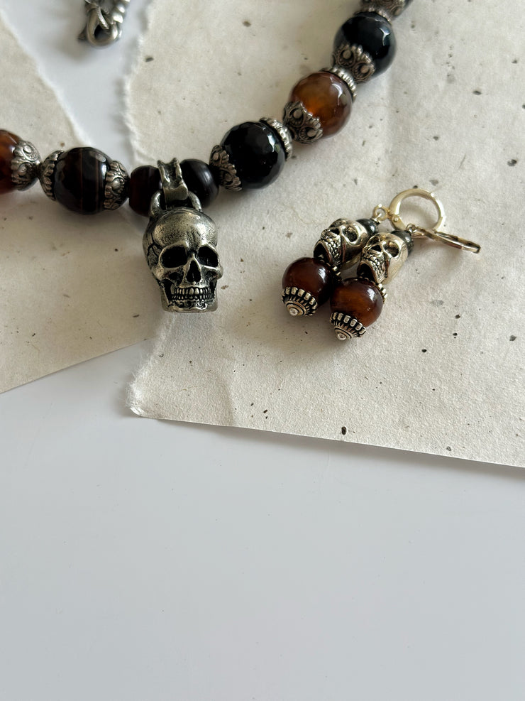 Sterling Silver and Agate Skull Necklace