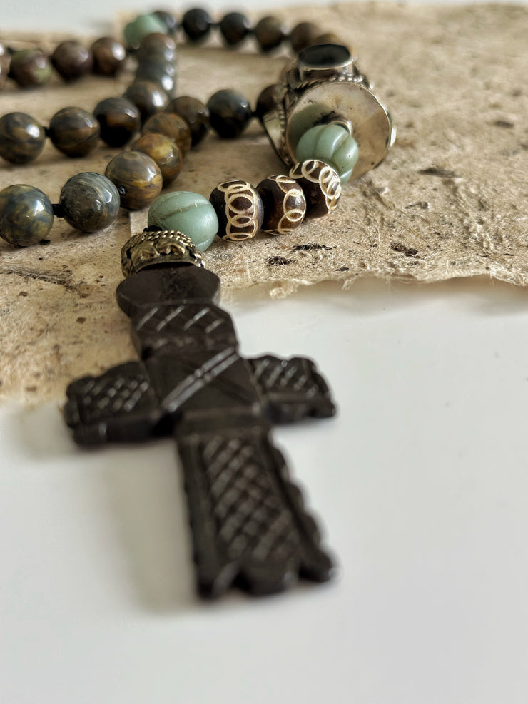 Hand Knotted Rosary With Carved Bone Cross and Bronzite
