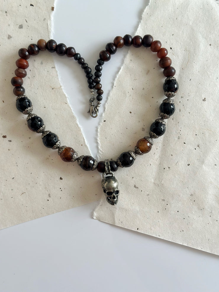 Sterling Silver and Agate Skull Necklace