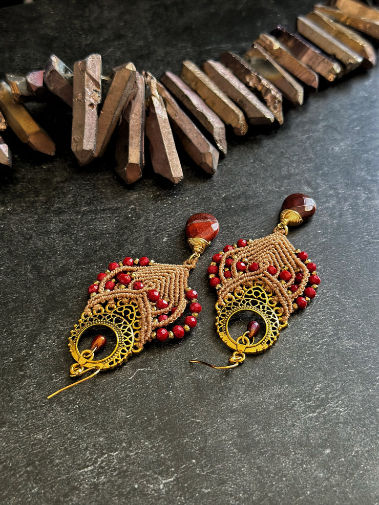 Ruby and Apple Jasper Macrame Earrings