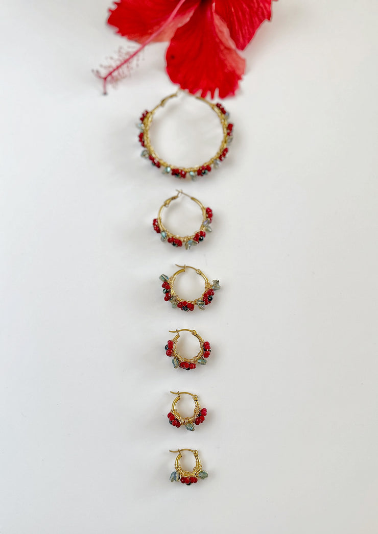 Hand Wrapped Beaded Red Flower Hoops Extra Small