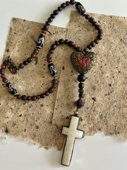 Hand Knotted Rosary with Buffalo Bone Cross Tibetan Silver, Brass, and Recycled Glass