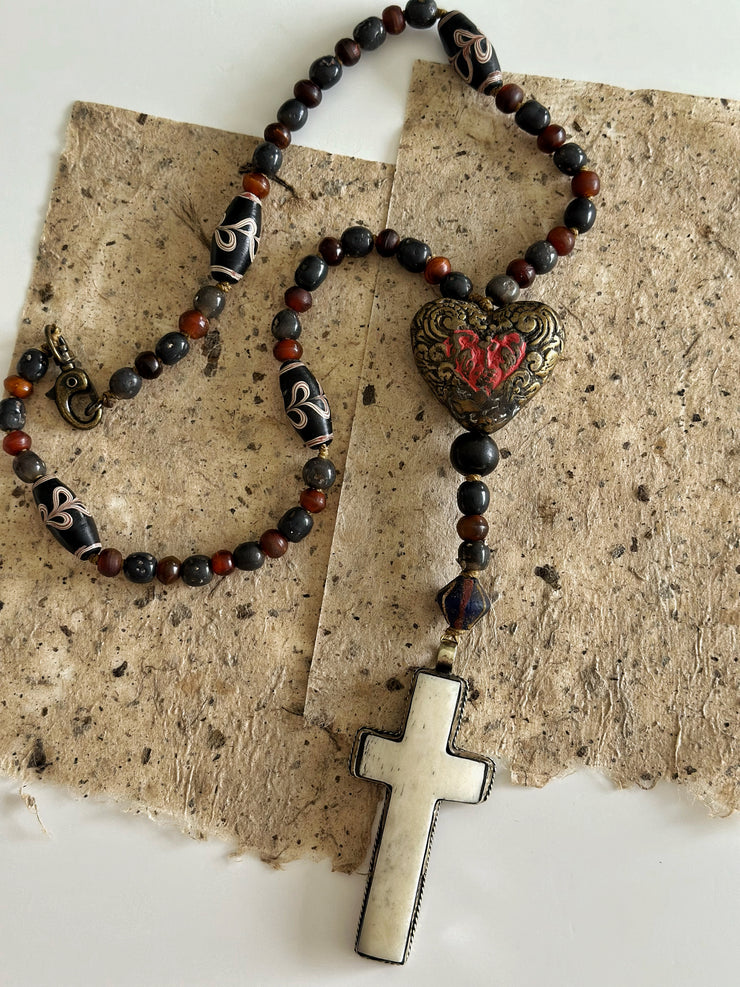 Hand Knotted Rosary with Buffalo Bone Cross Tibetan Silver, Brass, and Recycled Glass