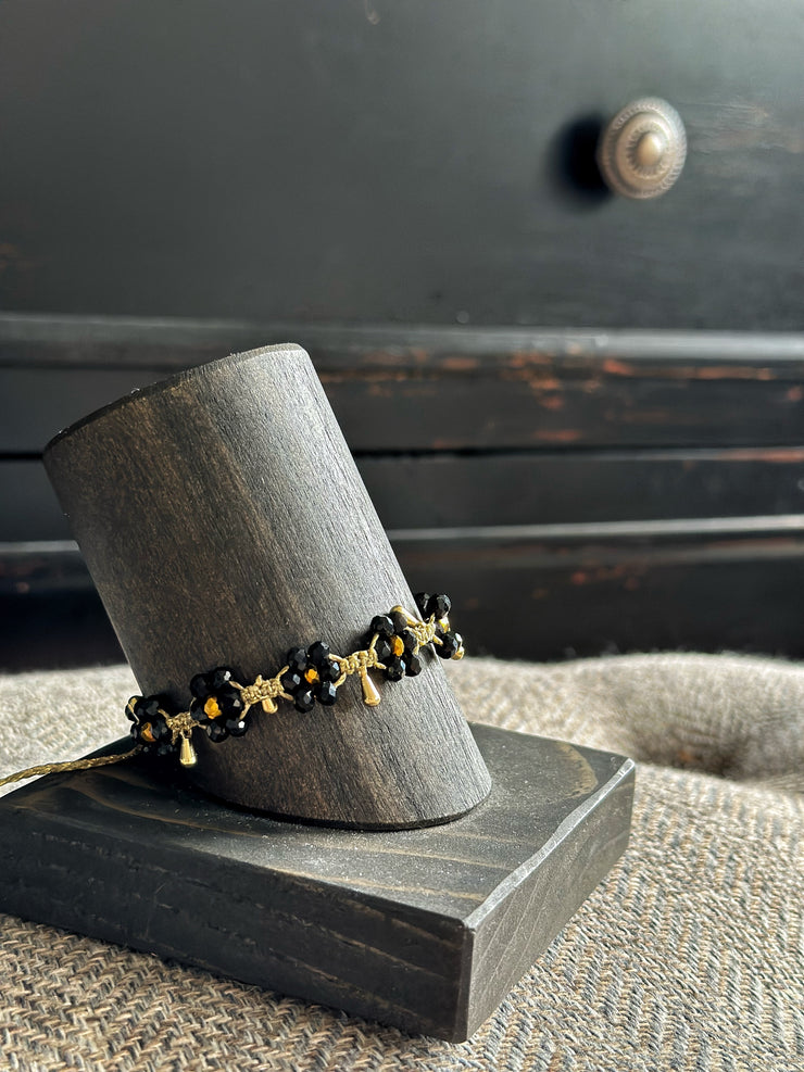 Black Beaded Flower with Brass Stem Bracelet