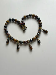 Electroplated Tigers Eye Neckle with Faceted Round Beads and Real 18k Gold Plated Hematite Rondelle and Turquoise