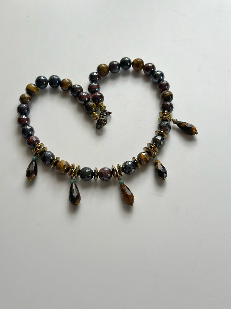 Electroplated Tigers Eye Neckle with Faceted Round Beads and Real 18k Gold Plated Hematite Rondelle and Turquoise