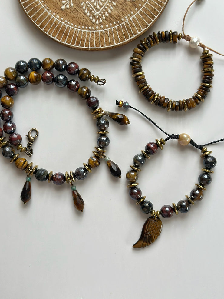 Electroplated Tigers Eye Neckle with Faceted Round Beads and Real 18k Gold Plated Hematite Rondelle and Turquoise