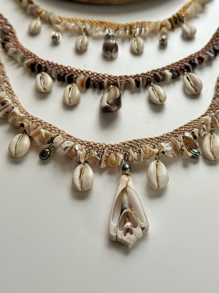 Conch Cowrie and Fresh Water Pearl Macrame Necklace