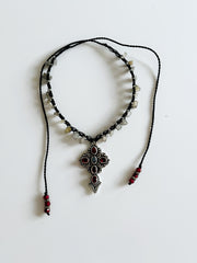 Garnet and Labradorite 925 Silver Cross Macrame Choker