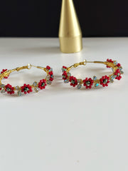 Hand Wrapped Beaded Red Flower Hoops Large