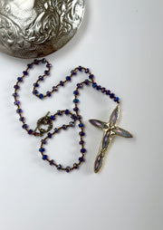 Hand Tied Crystal Cross Pendant Duo Chrome Royal Blue